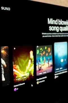 Suno ai generating music interface with various song options Fotos de archivo