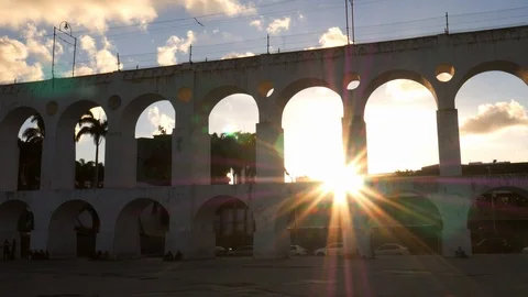 Sunrays backlit 19th-century colonial Lapa Arches, Rio de Janeiro, Brazil Stock Footage 105295632