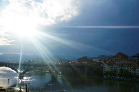 Sunrays over the city of Maribor Stock Photos