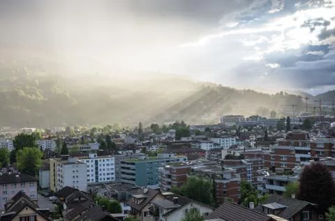 Sunrays shining down to horw and kriens in spring Stock Photos