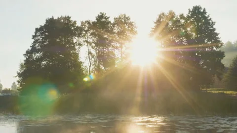 Sunrays through branches of trees on lake in early summer morning 스톡 동영상 93302424
