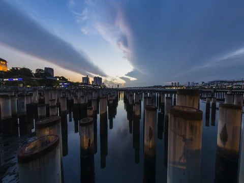 Sunrise at abandoned pole construction Stockbeeldmateriaal 80127966