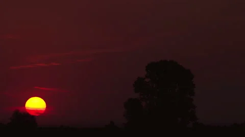 The sunrise above field with trees. TIME LAPSE, TELEPHOTO LENS SHOOTING Stock Footage 41785413