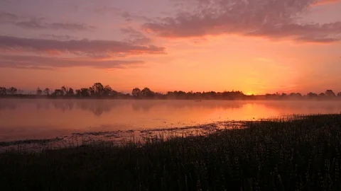 Sunrise above the pond with cloudy sky at summer. Stock Footage 108858574