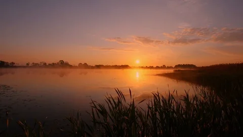 Sunrise above the pond with cloudy sky at summer. Stock Footage 108858621