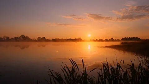 Sunrise above the pond with cloudy sky at summer. Stock Footage 108858622