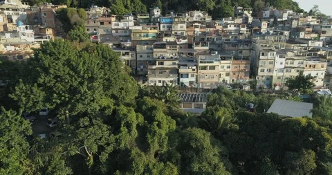 Sunrise aerial approaching mountaintop favela over forest in Rio de Janeiro, 스톡 동영상 101731007