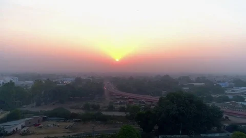 Sunrise Aerial India, Urban, Flyover Stock Footage