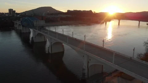 Sunrise aerial over Chattanooga river front Stock Footage 113236204
