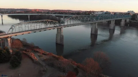 Sunrise aerial over Chattanooga river front Stock Footage 113236384