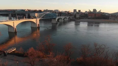 Sunrise aerial over Chattanooga river front Stock Footage 113236559