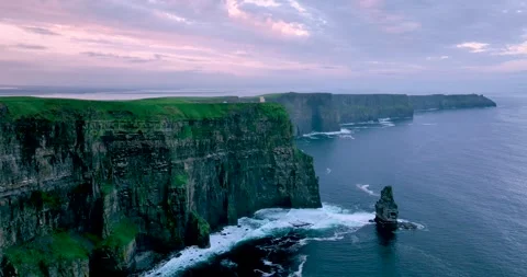 Sunrise aerial panorama of Cliffs of Moher with O'Brien's Tower, County Clare Stock Footage 339512166