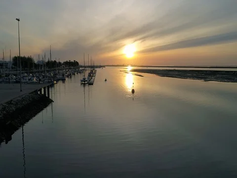 Sunrise aerial seascape view of Olhao Marina, (Shot D - PushForwUp) Stock Footage 80803653