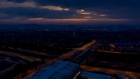 Sunrise aerial view hyper lapse of Light Rail Transit (LRT) station Stockbeeldmateriaal 101692157