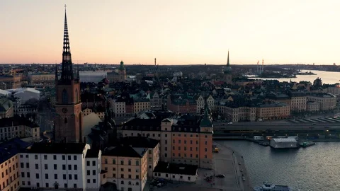 Sunrise aerial view of Old Town in Stockholm City, Sweden Stock Footage 123798622