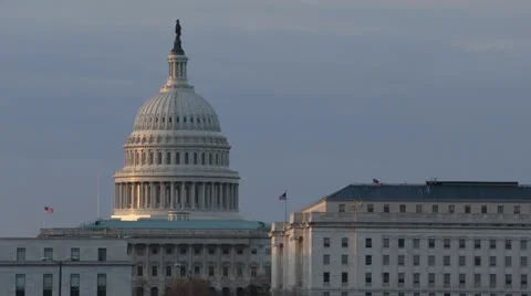 Sunrise Aerial View, United States Capitol Building, Washington DC, US Congress Stock Footage