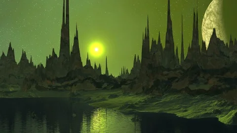 Sunrise and Moon over Alien Lake Stockbeeldmateriaal 100277965