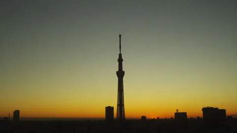 Sunrise and Tokyo Skytree Tower in Tokyo, Japan Stock Footage 110809357