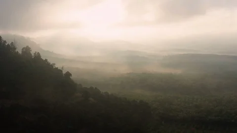 Sunrise arial view of mountain and oil palm plantation at Pagoh, Muar Stock Footage 115962698