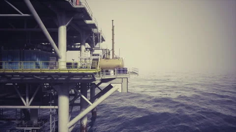 Sunrise bathes deck of oil platform as workers prepare for routine shift Stock Footage 329942909