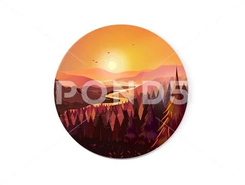 Sunrise in beautiful mountains with river and forest. Vector illustration for Stock Illustration
