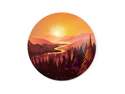 Sunrise in beautiful mountains with river and forest. Vector illustration for Stock Illustration