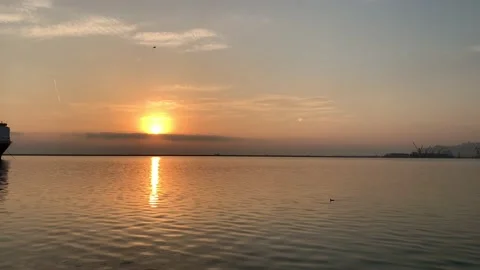 Sunrise, birds flying in the background, the sun's reflection on the sea Stock Footage