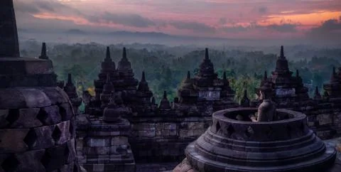 Sunrise at Borobodur, Java, Indonesia Stock Photos