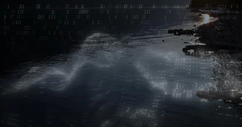At sunrise, camera pulling back, binary code drifting across lake and revealing Stock Footage 311698931
