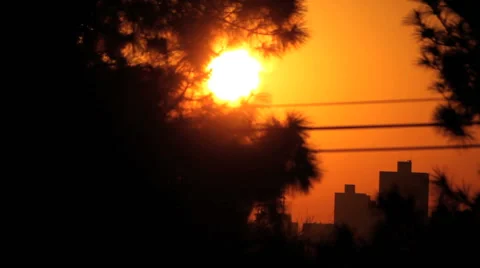 Sunrise city view. Sun rise, sunset, gold sun Stock Footage