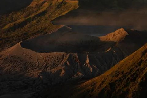 Sunrise close-up at the active volcano Bromo, and the Tengger massif, in East Stock Photos