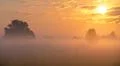 The sunrise with clouds and above foggy field and forest. early morning time Photo