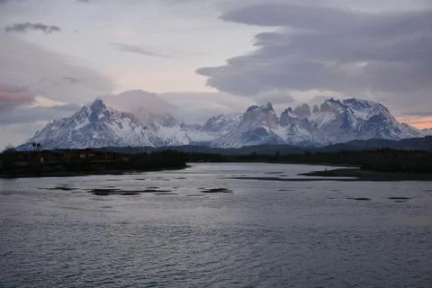 Sunrise clouds, glacier at Torres Del Paine in Patagonia, Chile Stock Photos