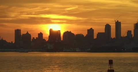 Sunrise, Construction cranes Brooklyn. Stock Footage 111888968