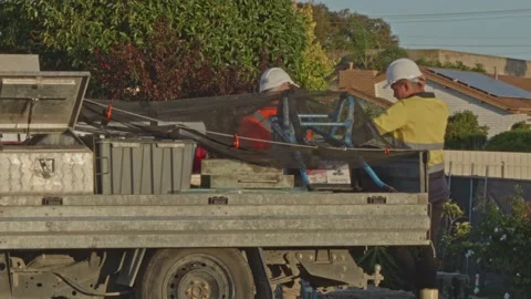 Sunrise Construction Crew Chatting by Ute in Morphett Vale Adelaide 28/2/23 Stock Footage 234314295