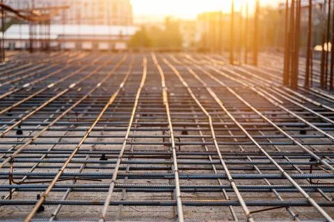 Sunrise on Construction Site: Reinforcement Frame for Interfloor Ceiling and Stock Photos
