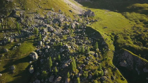 Sunrise Drone Flight Over Boulder Field Near Lastoi de Formin Stock Footage 336828292