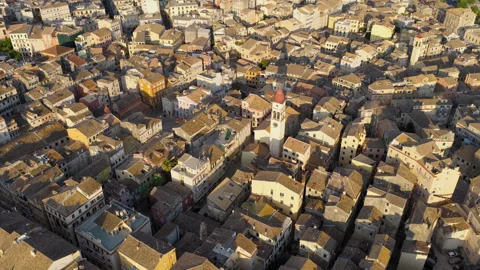 Sunrise drone panorama of Saint Spyridon church in Corfu’s old town Stock Footage 319928076