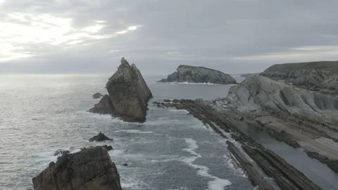 Sunrise drone view of ocean cliffs and reef in Spain 4K Stock Footage 137706137