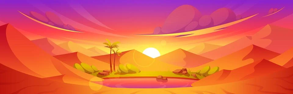 Sunrise in egyptian desert oasis vector landscape Stock Illustration