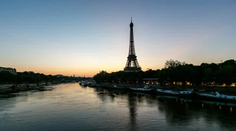 Sunrise at Eiffel Tower and Seine River Stock Footage 25322563
