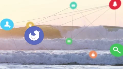 Sunrise glow sparking floating user icons over ocean waves, lines connecting Stock Footage 330143955