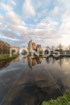 Sunrise on The Hague cityscape Stock Photos