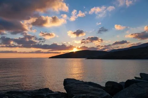 Sunrise in harbor of greek island kythnos Stock Photos