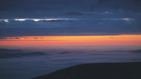 Sunrise high angle aerial view with clouds in Wintergreen Resort Virginia Stock Footage 160221798
