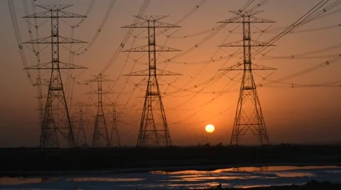 Sunrise with High Voltage Power Cables. Stock Footage 66449873