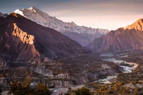 Sunrise at Hunza Nagar valley. Gilgit Baltistan, Pakistan. Stock Photos