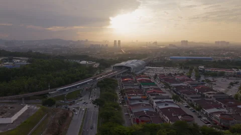Sunrise hyperlapse areal view of LRT Station, Putra Heights, Malaysia Stock Footage 318117683