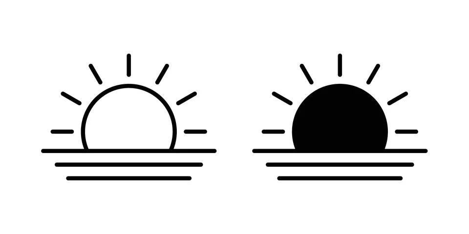 Sunrise icon solid, line, and editable vector set. Ilustración de archivo