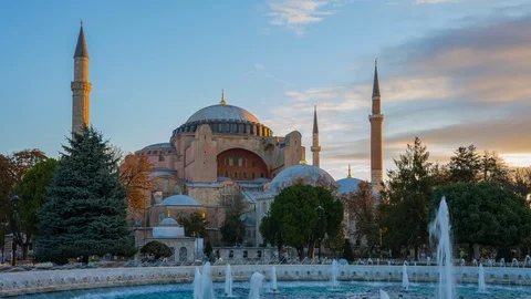 Sunrise in Istanbul with view of Hagia Sofia in Istanbul, Turkey time lapse Stock-Footage 107368771